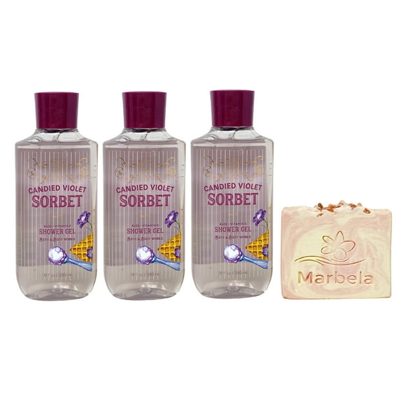 Bath & Body Works Candied Violet Sorbet 3 Pack Shower Gel Bundle with a Himalayan Salts Springs Bar Soap