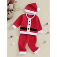 thumbnail image 4 of Toddler Girls Boys Christmas Outfits 6M 12M 18M 24M 3Y 4Y 5Y Belt Buttons Patchwork Long Sleeve Tops Pants Santa Hat 3Pcs Fall Clothes Set, 4 of 10