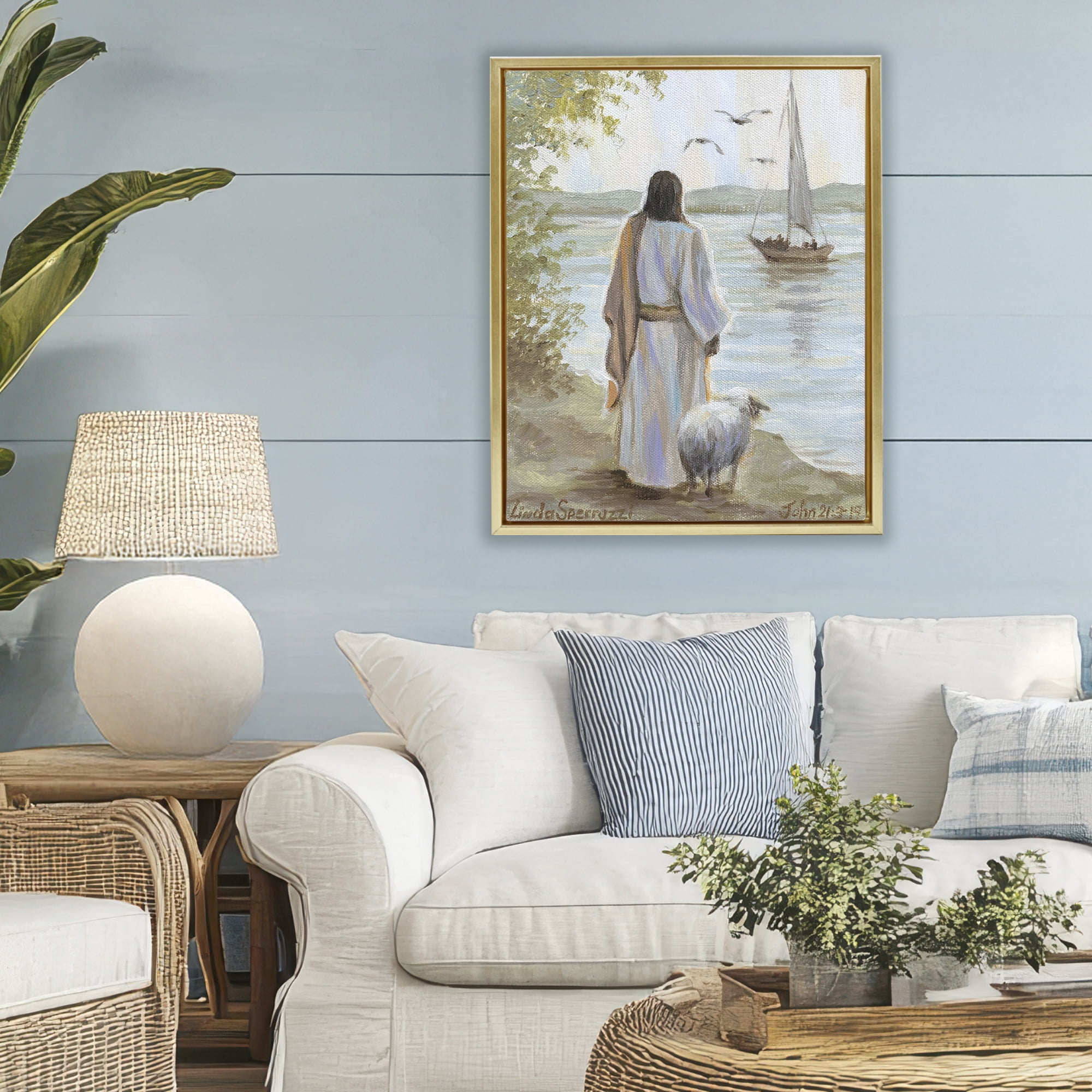 Stupell Industries Jesus Waiting Ashore Gold Framed Floater Canvas Wall Art, design by Linda Sperruzzi