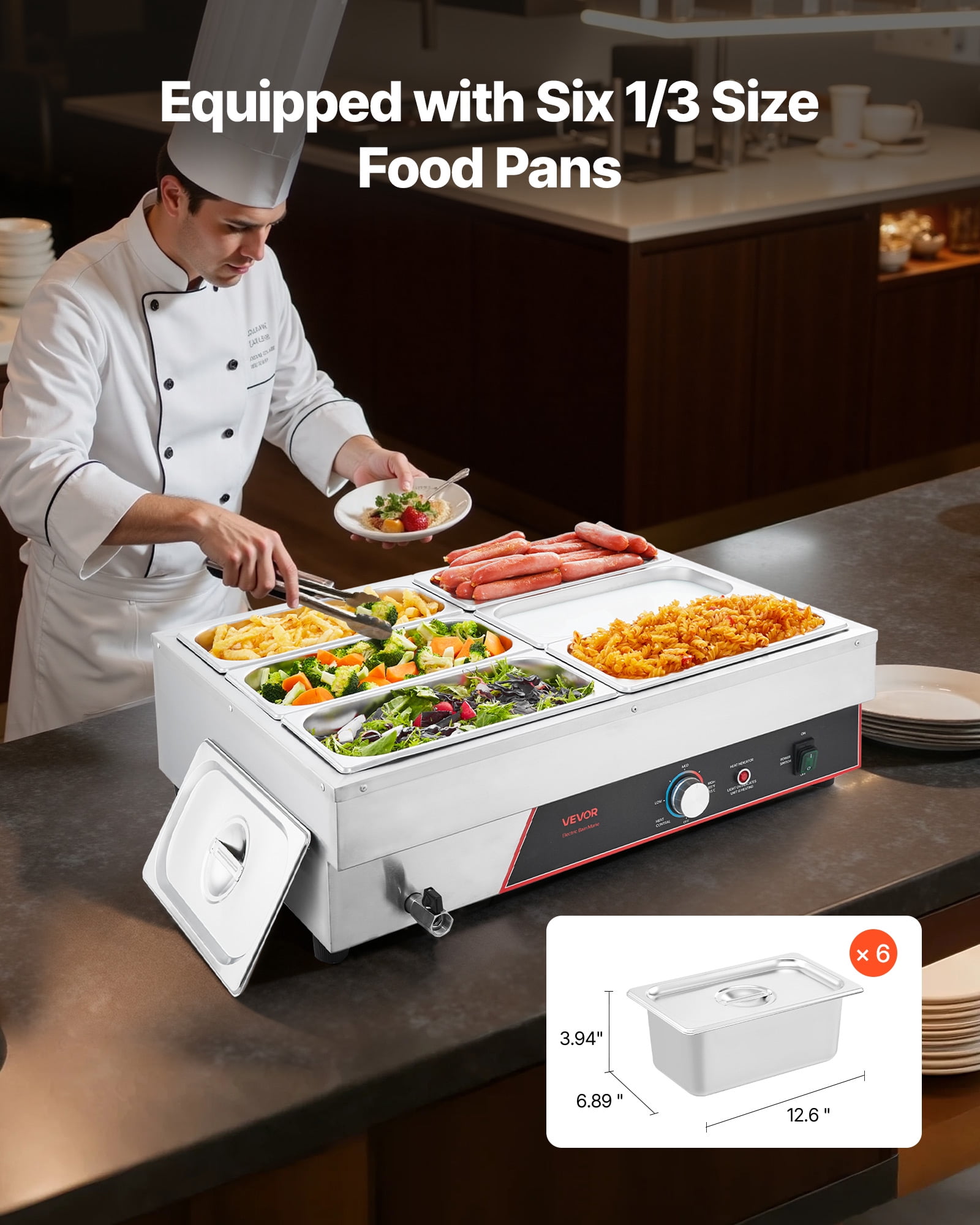 VEVOR Commercial Food Warmer, 1500W Electric Stainless Steel Steam Food Warming with Lid, 6-Pan Fast Heating Countertop Buffet Bain Marie with Power Cord, for Catering, Restaurant, Party & Buffets