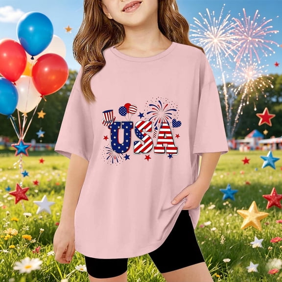 CCRFTGI 4th of July USA Tops for Kids Girls Size 8 Short Sleeve Funny USA Flag Summer Freedom T-Shirts Patriotic Girls Clothes Tshirts Pink 7-8 Years