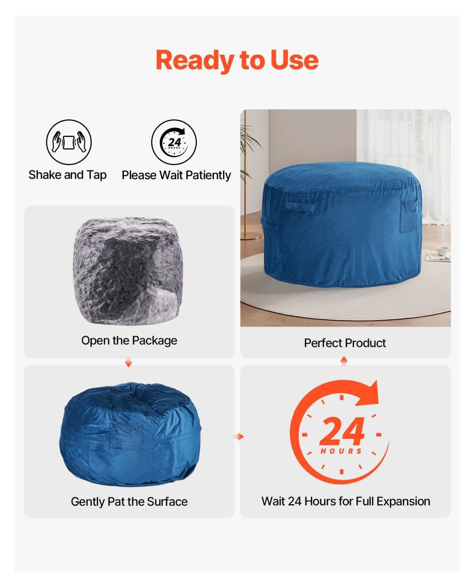 Round Bean Bag Chair for Adults, Dutch Velvet Beanbag with Handle - Blue