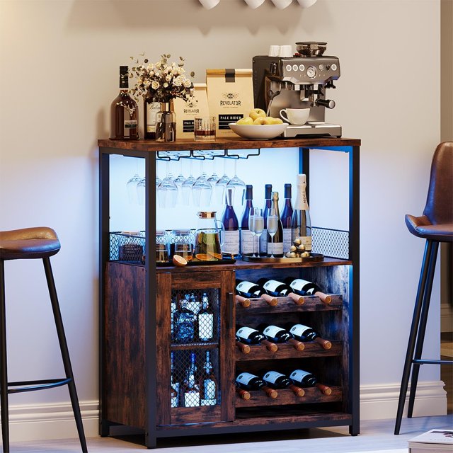 36" Wine Bar Rack Cabinet with LED Light – Adjustable Shelves, Mesh Door, and Baffle Design for Home, Kitchen and Dining Room