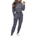 thumbnail image 2 of Women's Casual Outfit Sets Office Wear Autumn Solid Color Casual Pullover Round Neck Long Sleeved Hooded Sweatshirt Long Pants Set, 2 of 6