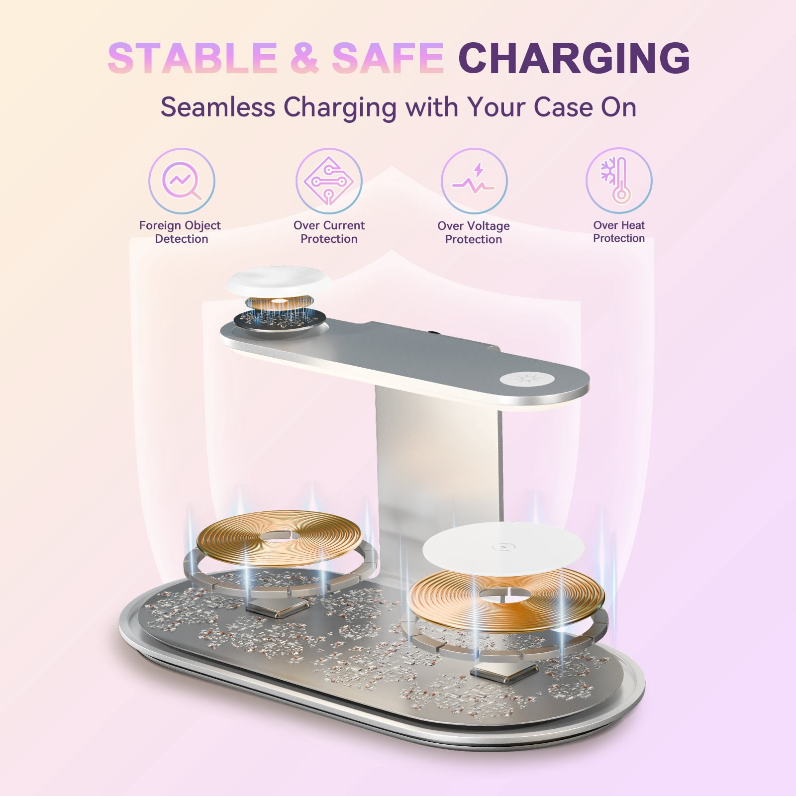 4 in 1 Charging Station,MagSafe Wireless Charger with Three Level Soft Night Light 15W Wireles Charging for iPhone 12 and above series,for iWatch Series,for AirPods,USB-C Charger Included,Silver