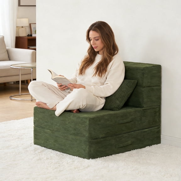 Jakoola Folding Sofa Bed - Convertible Floor Couch with High-Density Foam and Comfortable Corduroy Cover, Portable Chair with Fitted Bag and Pillow, Green