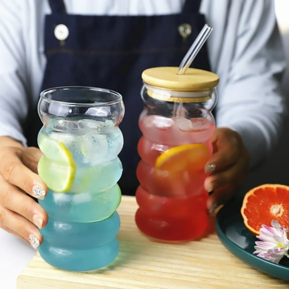 Waroomhouse 300ML/450ML Drinking Glasses - High Temperature Resistant Glass with Lids Straws Brush Wave Design Water Cups for Beer Iced Coffee Cocktails Multi-purpose Glass Tumbler for Home Bar