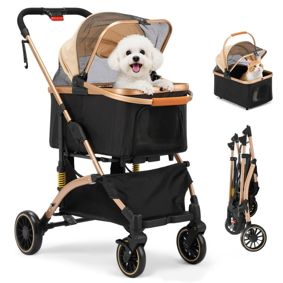 Coziwow One Hand Fold Pet Stroller with 6 Shock Absorbers, Removable Cabin & Storage Basket, 4 Wheels with Dual Brakes, Rose Gold and Black