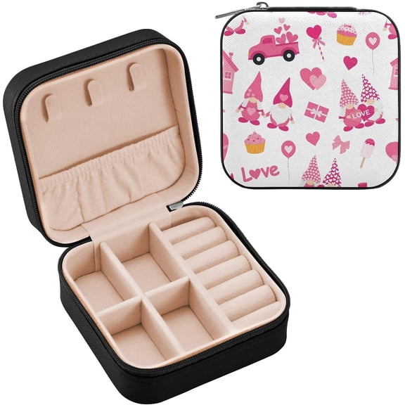 Valentine's Day Gnome Jewelry Box for Teens Girls Women Birthday Christmas Gift, Portable PU Leather Jewelry Storage Box Mini Travel Jewelry Case for Necklace, Earrings, Rings, Bracelet