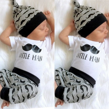 

IZhansean 3Pcs Newborn Infant Baby Boys Little Man Outfits Long Sleeve Romper Tops + Long Pants Legging + Hat Clothes White 9-12 Months