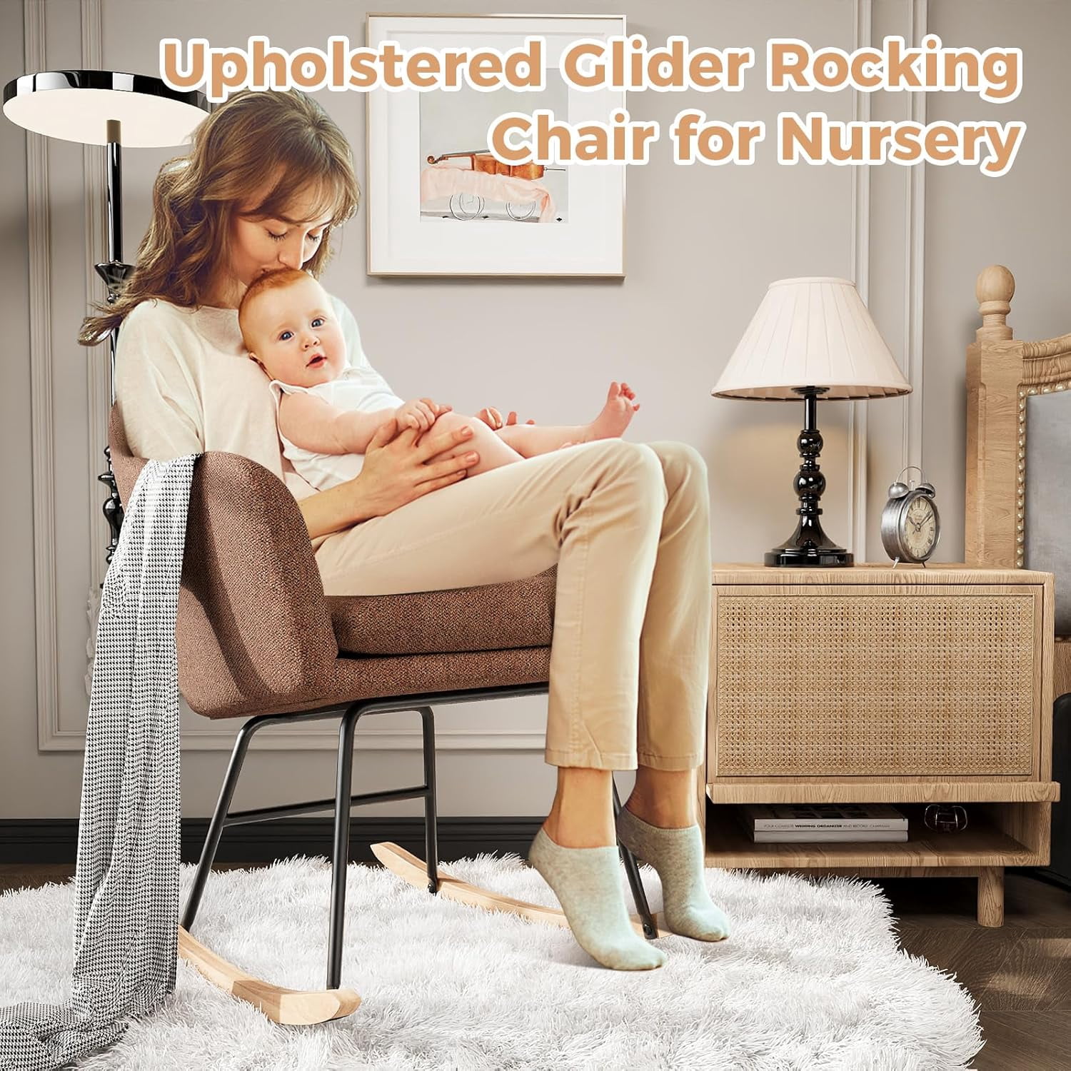 Plush Upholstered Rocking Chair – Soft Glider Nursery Chair with Premium Cushions, Sturdy Rubberwood Legs & Smooth Rocking Motion, Supports 330lbs – Cozy Accent Chair for Living Room, Bedroom & Baby N