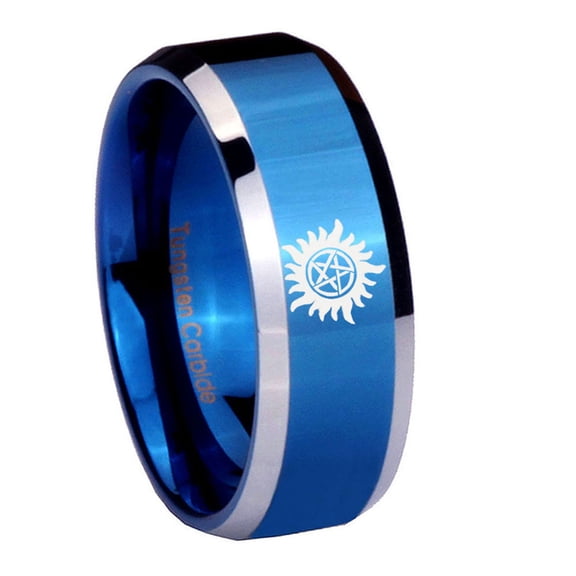 Tungsten Supernatural 8mm Glossy Blue Two Tone Polished Beveled Edges Men Ring