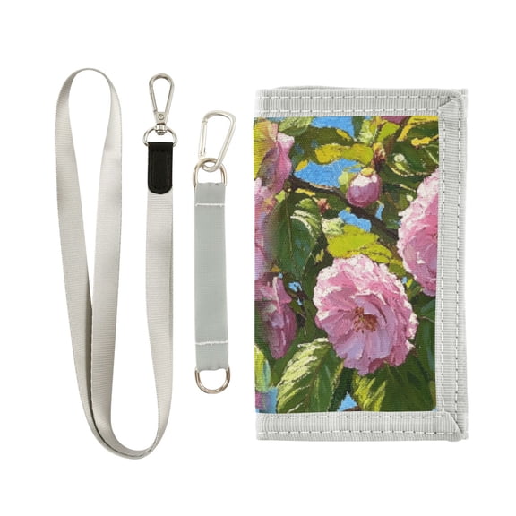 JIALIOU Nylon Trifold Card Wallet with ID Window Zipper Pocket for Men Women Teen Cherry Blossoms on Branches