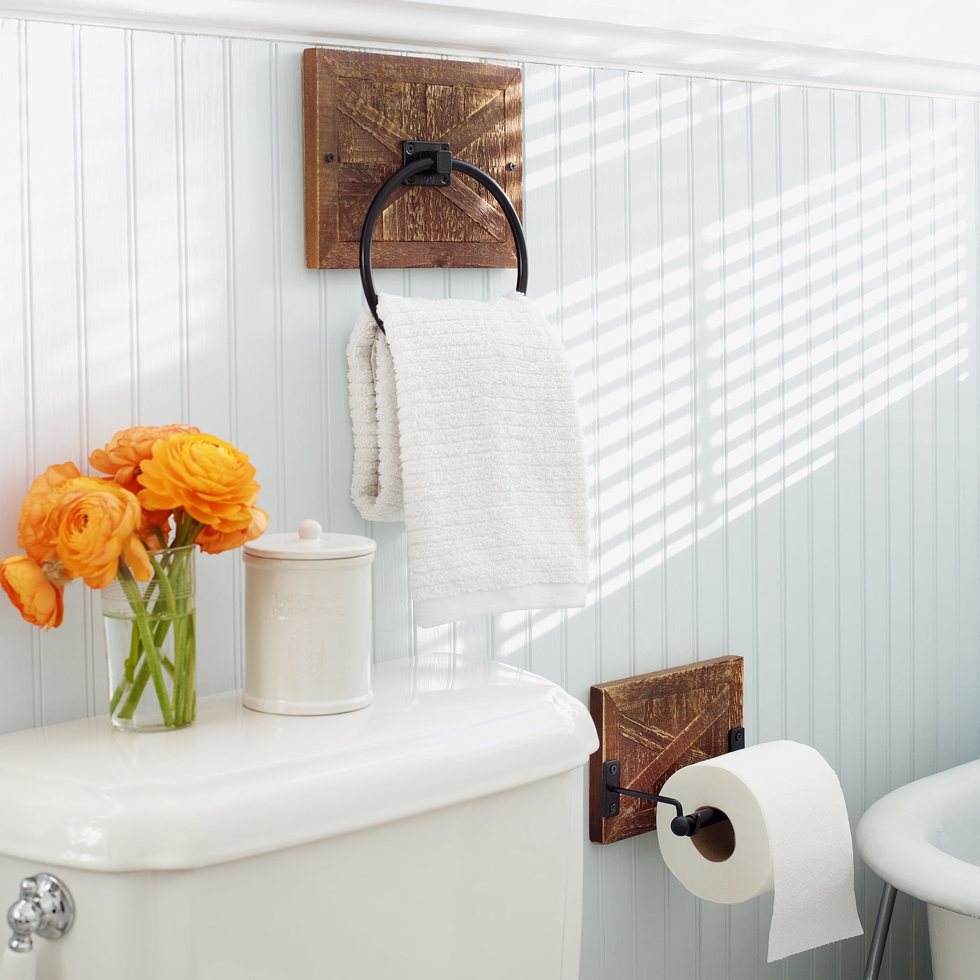 Rustic Farmhouse Toilet Paper Holder and Towel Ring Bathroom Accessories Set, Western Bathroom Decor