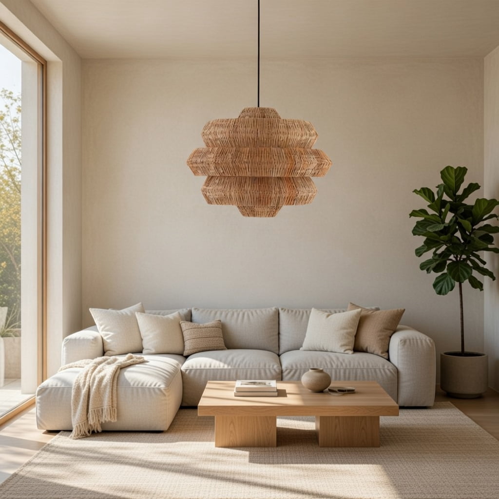 LittleGlovo Handwoven 3-Tier Rattan Chandelier Natural Wicker Pendant Light