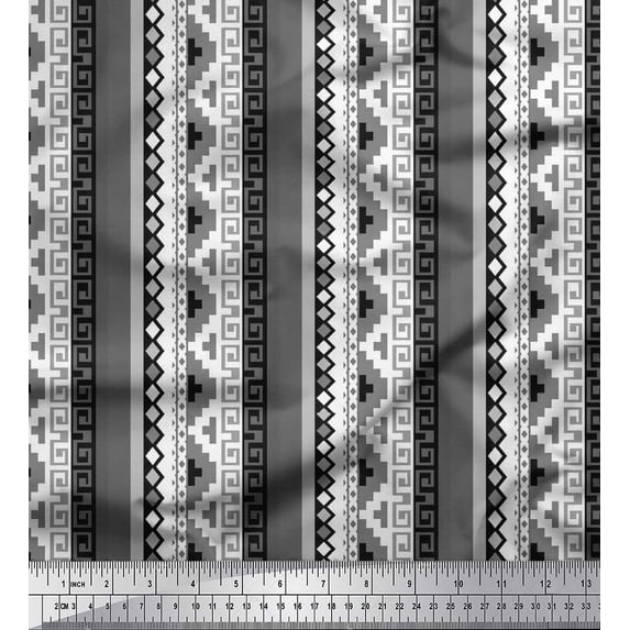 Soimoi Poly Georgette Fabric Stripe & Greek Key Geometric Print Sewing Fabric Yard 52 Inch Wide