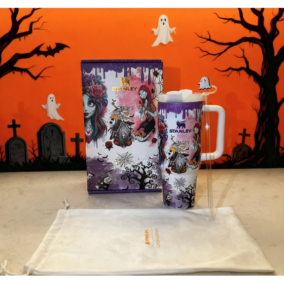 Sally and Jack Skellington Tumbler, Halloween Glow in The Dark Gothic Stainless Steel Travel Mug with Handle, Double Wall Insulated, Travel Mug with Lid & Straw, Roomy Hot/Cold Drink Cup
