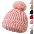 thumbnail image 4 of Xfvqtps Infant Beanie with Plush Pompom Knitted Vertical Stripes Cuffed Solid Color Simplicity Stretch Soft Windproof Coldproof Warm Winter Skull Cap Beige-Pompom, 4 of 4