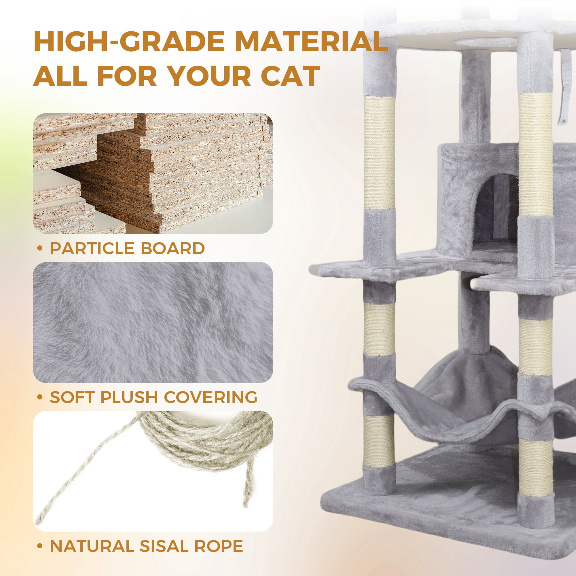 78.8-Inch Light Gray Cat Tree with 12 Scratching Posts, Large Condo, Big Hammock, and Interactive Toys for 3-4 Cats, Light Gray