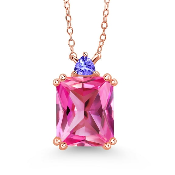 Gem Stone King 6.77 Ct Pink Created Sapphire Blue Tanzanite 18K Rose Gold Plated Silver Necklace