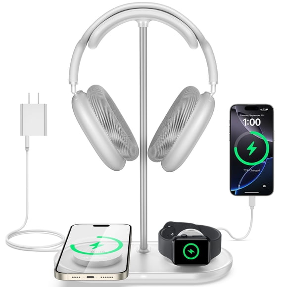 TopMade 5 in 1 Headphone Stand for Desk with Wireless Charger & USB Charging for iPhone/AirPods/iWatch, Universal Desktop Gaming Headset Holder for A