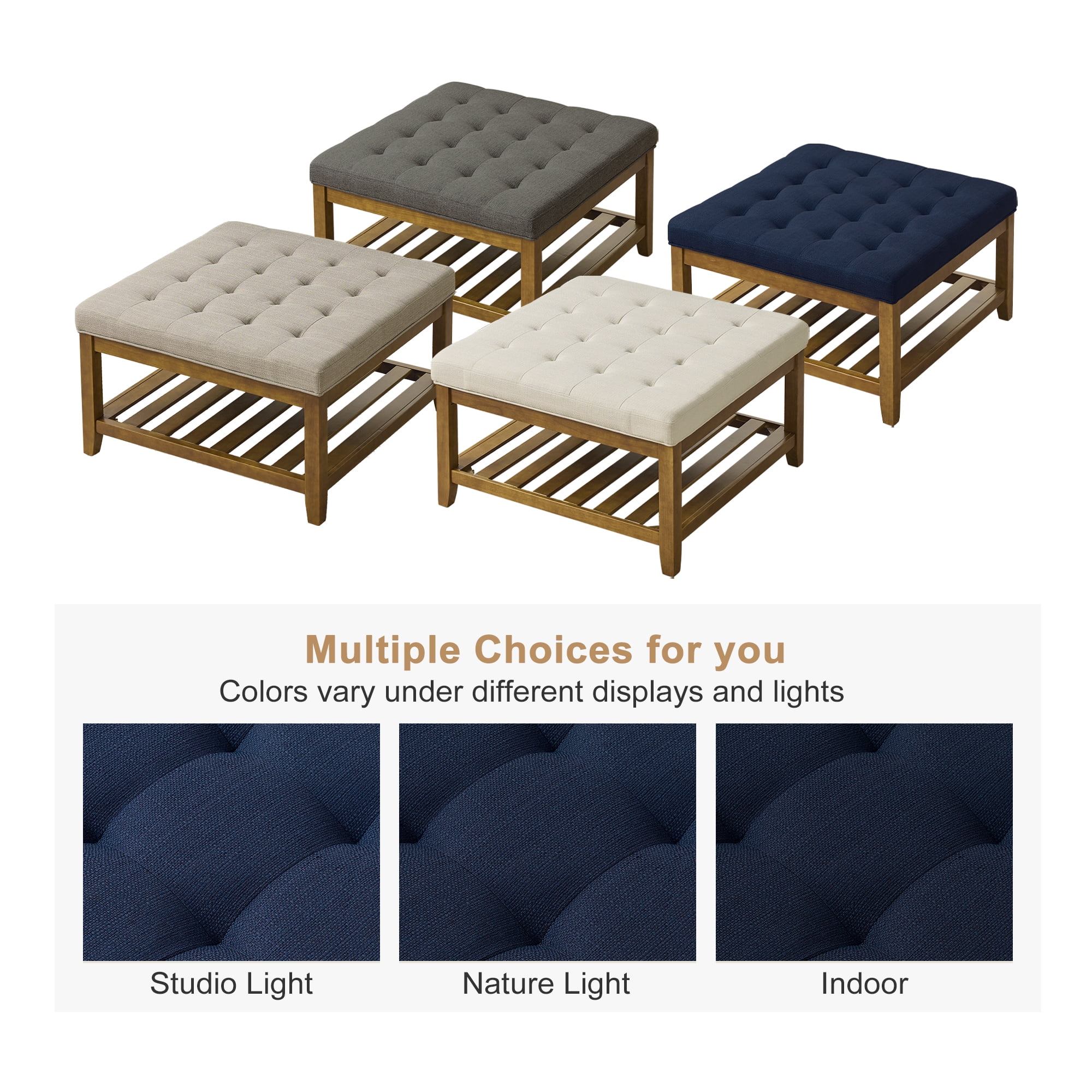 Square Upholstered Ottoman Coffee Table with Storage Shelf, Linen Fabric, Tufted Top, 31.9"x31.9", Navy Blue