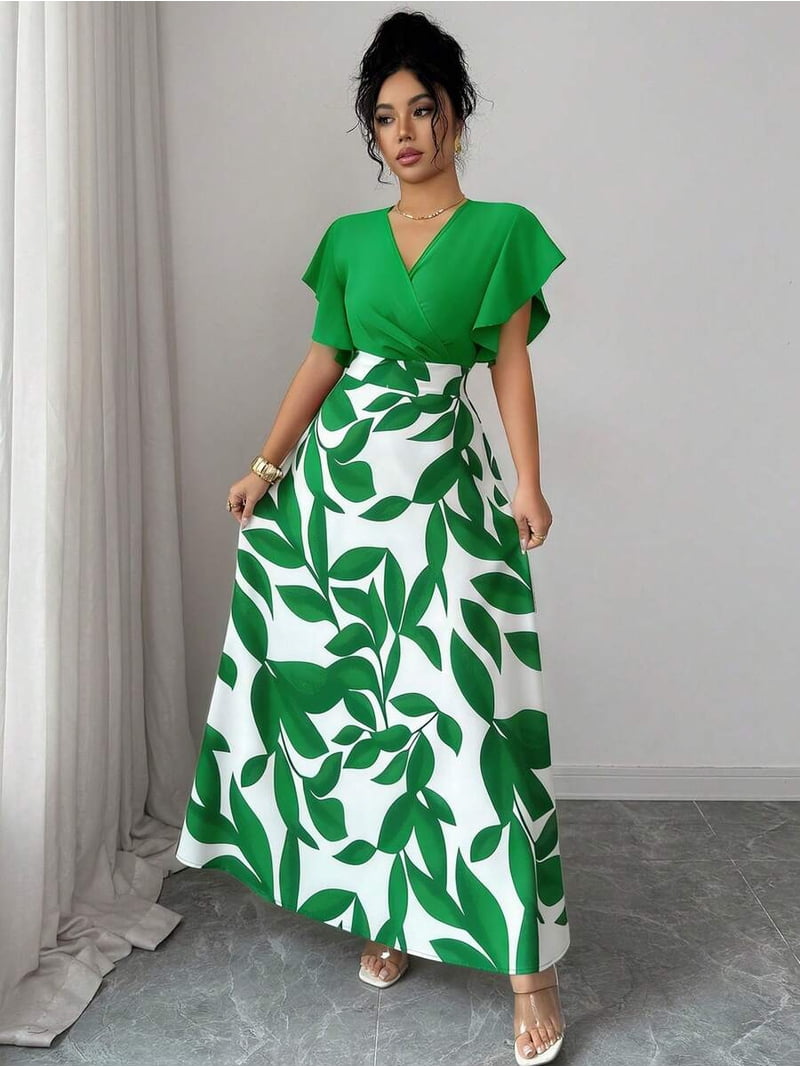 Elegant Green Leaf Pattern Wrap Cap Sleeve Fitted Maxi Dress For Women Spring Summer