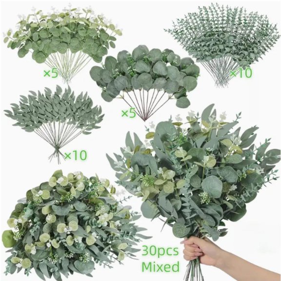30pcs Artificial Mixed Eucalyptus Stems Leaveas Bulk, 4kinds Fake Grennery Silver Dollar Eucalyptus Leaves Picks,faux Greenry Stems Sprays For Diy Bouquets Floral Arrangement Home Decor