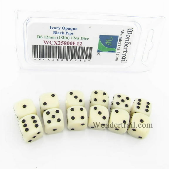 Ivory Dice with Black Pips D6 12mm (1/2in) Pack of 12 Wondertrail