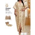 thumbnail image 7 of Gold Floral Jacquard Maxi Tunic Dress With Batwing Sleeves, Front Split, Notched V-Neck, Ornamental Buttons, 7 of 7