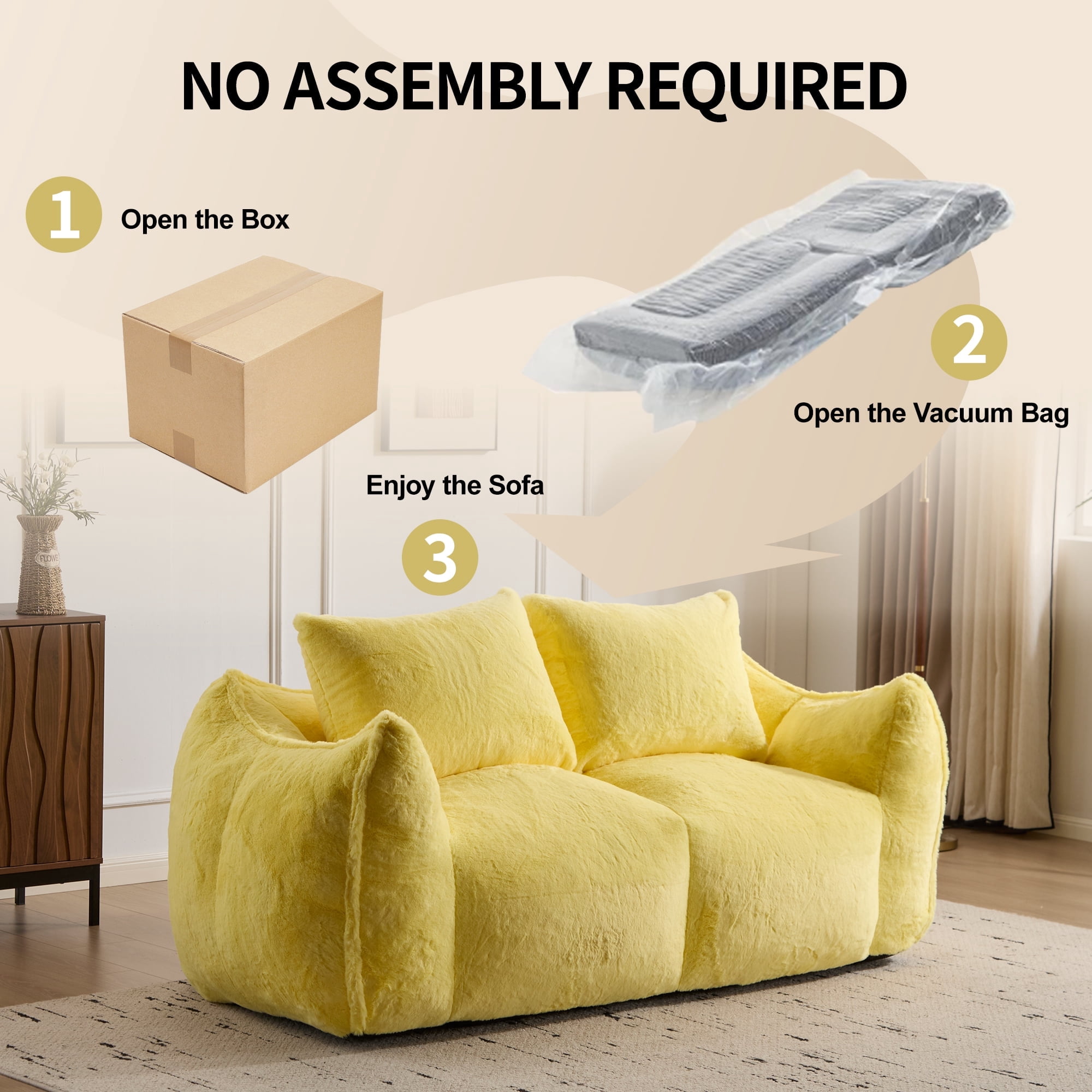 Leumius 2 Seater Boneless Sofa,Giant Bean Bag Sofa Couch with Pillows, Oversized Chaise Lounge Chair for Living Room Bedroom,No Assembly,Yellow