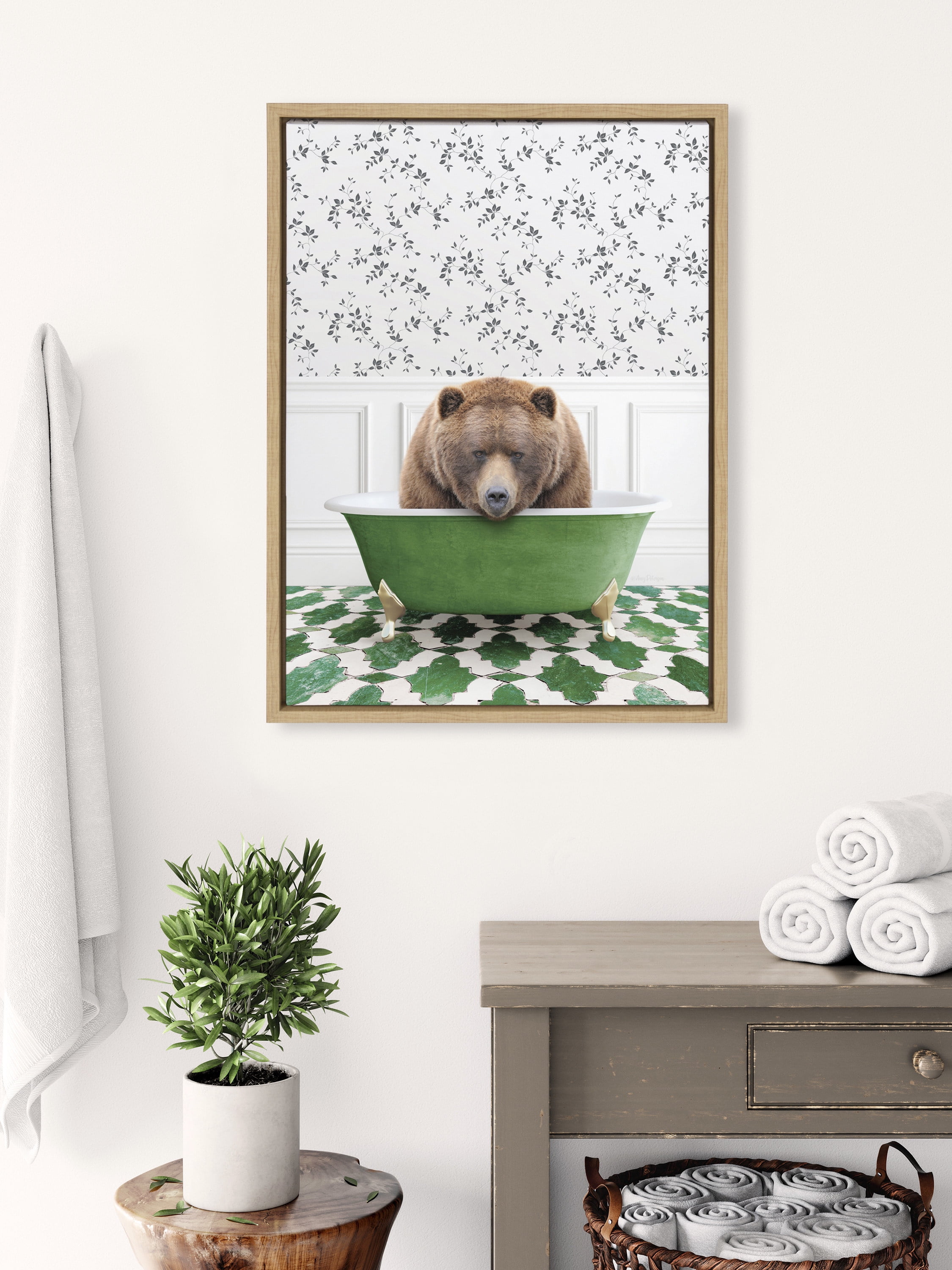 Kate and Laurel Sylvie Big Bear In Eclectic Green Bath Framed Canvas Wall Art by Amy Peterson Art Studio, 18x24 Natural, Whimsical Animal Art for Wall