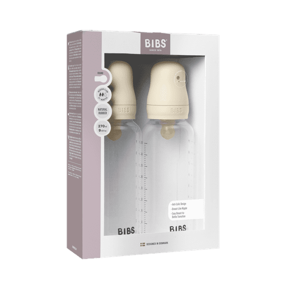 BIBS Baby Bottles with Medium Flow Natural Rubber Latex Nipple, Ivory, 9 oz, 2 Pack