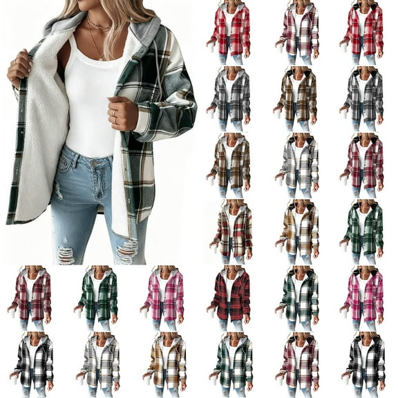 YOIAVAIOY Womens Lightweight Casual Jacket Plaid Long Sleeve Shacket Fleece Lined Hooded Jackets Warm Coat Brown XL