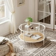 thumbnail image 3 of 30" Round Coffee Table with 2-Tier Rattan Shelf & Water-Wave Glass Top, Boho End Table with Metal Frame for Living Room or Office, 3 of 8