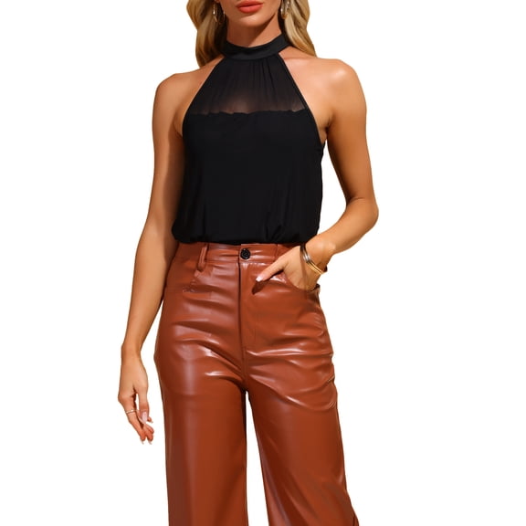 INSPIRE CHIC Women's Halter Neck Sleeveless Keyhole Mesh Sheer Bodysuit Tops XS Black