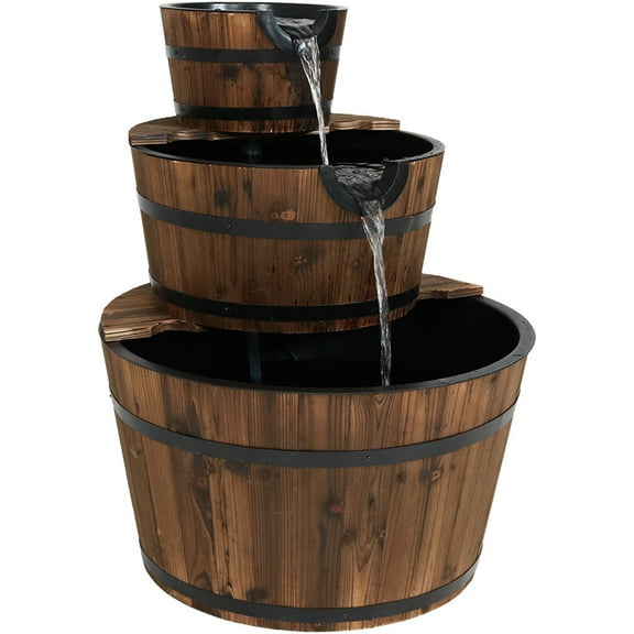 Sunnydaze Wood Barrel Brown 3-Tier Outdoor Water Fountain
