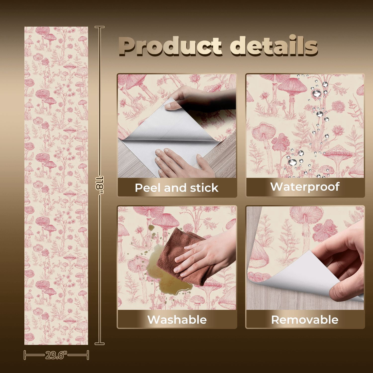 Boho Peel and Stick Wallpaper Detailed Botanical Mushroom Soft Pink Hues Wall Mural 23.6in x 9.8ft Self Adhesive Removable Wall Paper Renter Friendly Wallpaper for Bedroom Kitchen Farm