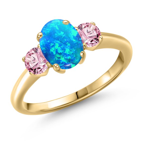 Gem Stone King 1.56 Ct Oval Cabochon Blue Simulated Opal Pink Lab Grown Diamond 18K Yellow Gold Plated Silver Ring