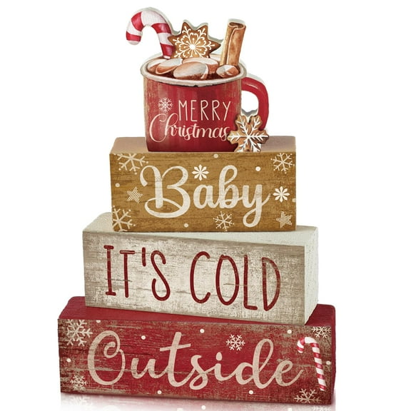 4 Pcs Christmas Table Decor Wooden Hot Cocoa Decoration Christmas Centerpiece Winter Tiered Tray Decor Decorative Red Hot Cocoa Block Signs Gift Farmhouse Xmas Decoration for Home Kitchen