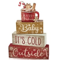 4 Pcs Christmas Table Decor Wooden Hot Cocoa Decoration Christmas Centerpiece Winter Tiered Tray Decor Decorative Red Hot Cocoa Block Signs Gift Farmhouse Xmas Decoration for Home Kitchen