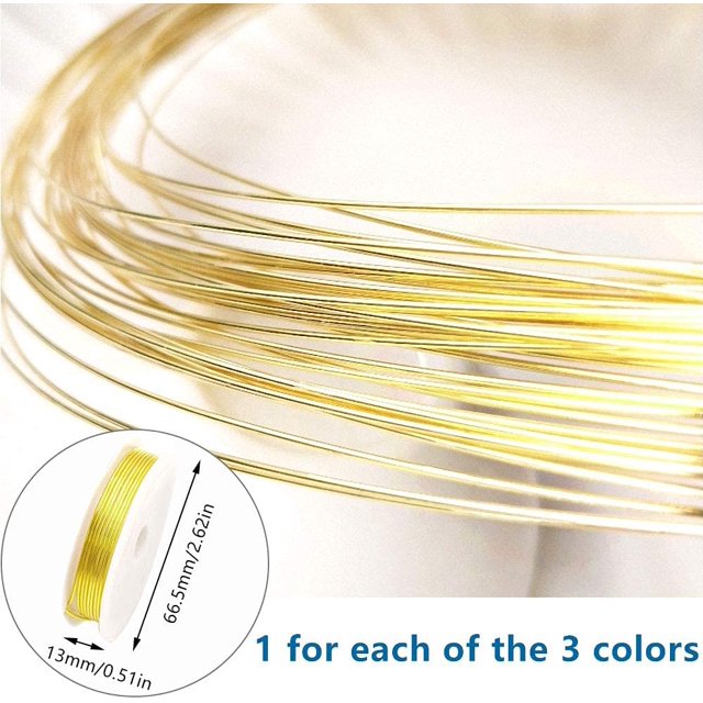 3 piezas de alambre de abalorios de joyería de 1 mm, rollo de alambre de cobre multicolor para manualidades, fabricación de joyas de abalorios (plata, oro y oro rosa)