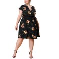 thumbnail image 2 of Vestido de talgrande pamujer con cuello en V y cinturón de verano vestidos florales Negro 1X, 2 of 6