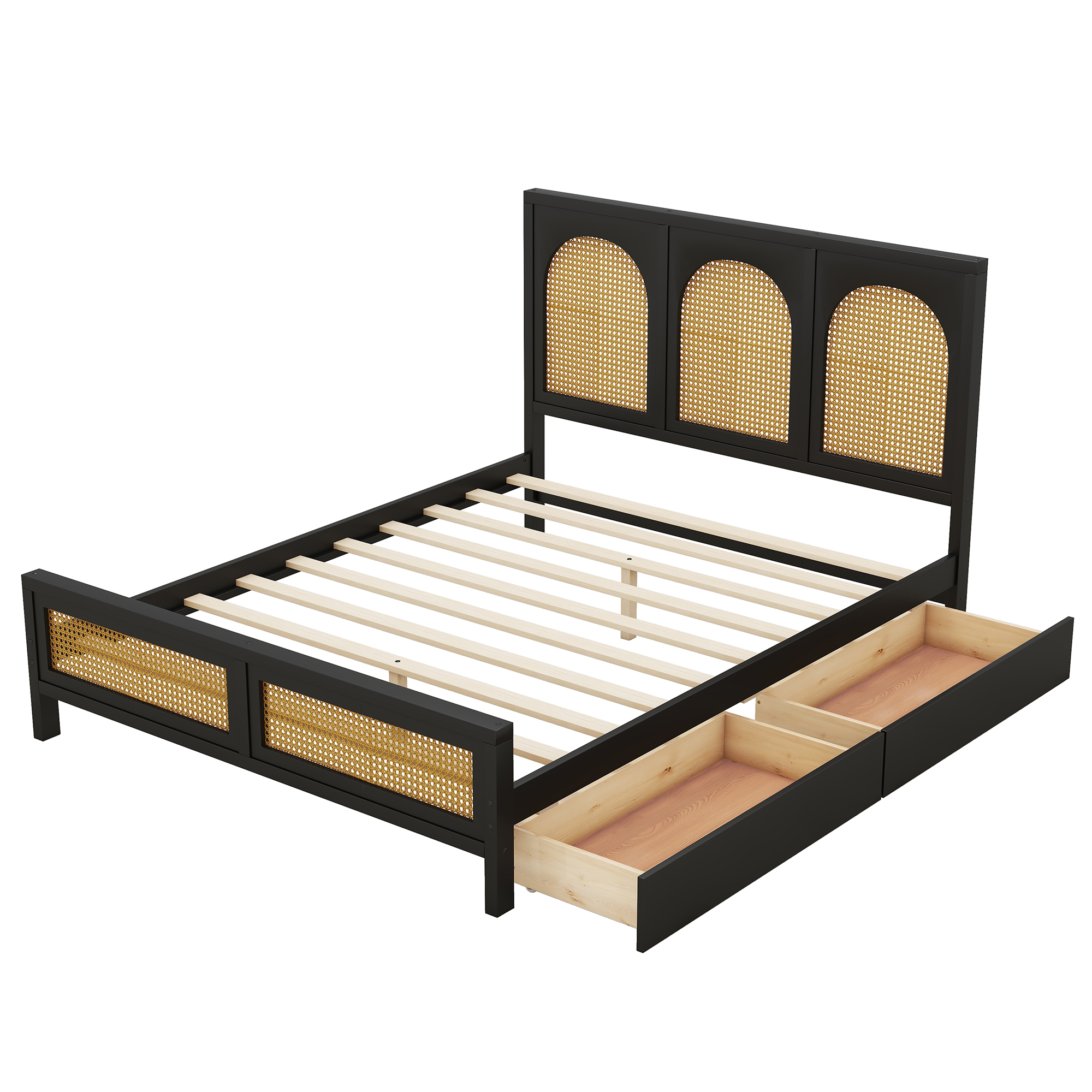 Euroco Full Size Platform Bed with 2 Drawers, Rattan and Wood Frame for Kids Teens, Black