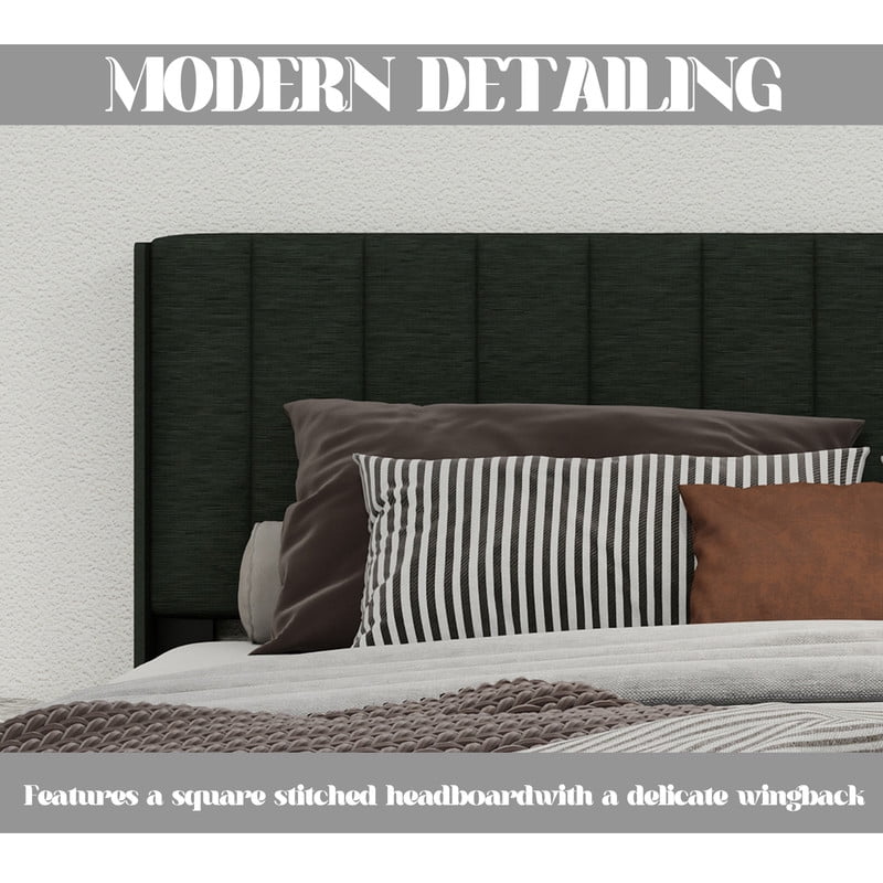 Pillfn Upholstered Platform Twin Size Bed Frame with Headboard Wooden Slats Support,Black