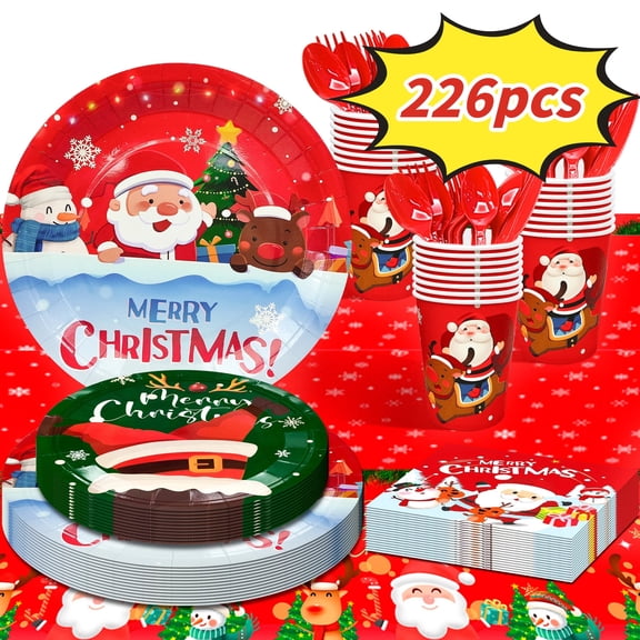 226Pcs Christmas Party Tableware Set - Serves 32 Guests, Includes Paper Plates, Napkins, Cups & Tablecloth, Disposable Xmas Dinnerware for Kids & Adults Holiday Parties, Winter Gatherings