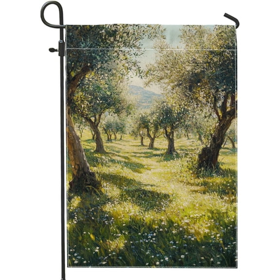 Olive Tree Garden Flag, Green Botanical Design Double Sided Burlap Yard Flag, 12 x 18 Inch Outdoor Lawn Decoration
