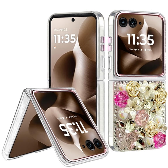 For Motorola Razr Ultra 2025 Muti-Color Rose Bling Stones Ornaments Case - Pink