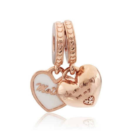 Enamel Animal Charm - Silver Enamel & Clear Cz Mother & Daughter Hearts Charm