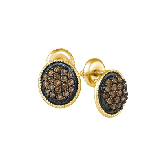 FB Jewels 10kt Yellow Gold Womens Round Brown Diamond Cluster Earrings 1/2 Cttw